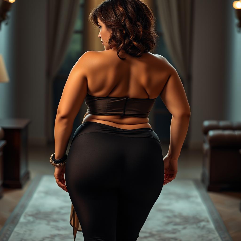 A seductive scene featuring a confident and alluring mature woman with a wide, curvy figure, emphasizing an hourglass silhouette
