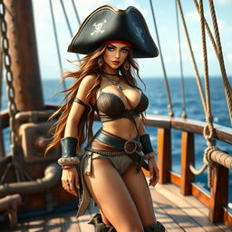 A beautiful female pirate from the Caribbean Sea, slim yet curvy, with a small waist and large hips
