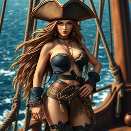 A beautiful female pirate from the Caribbean Sea, slim yet curvy, with a small waist and large hips