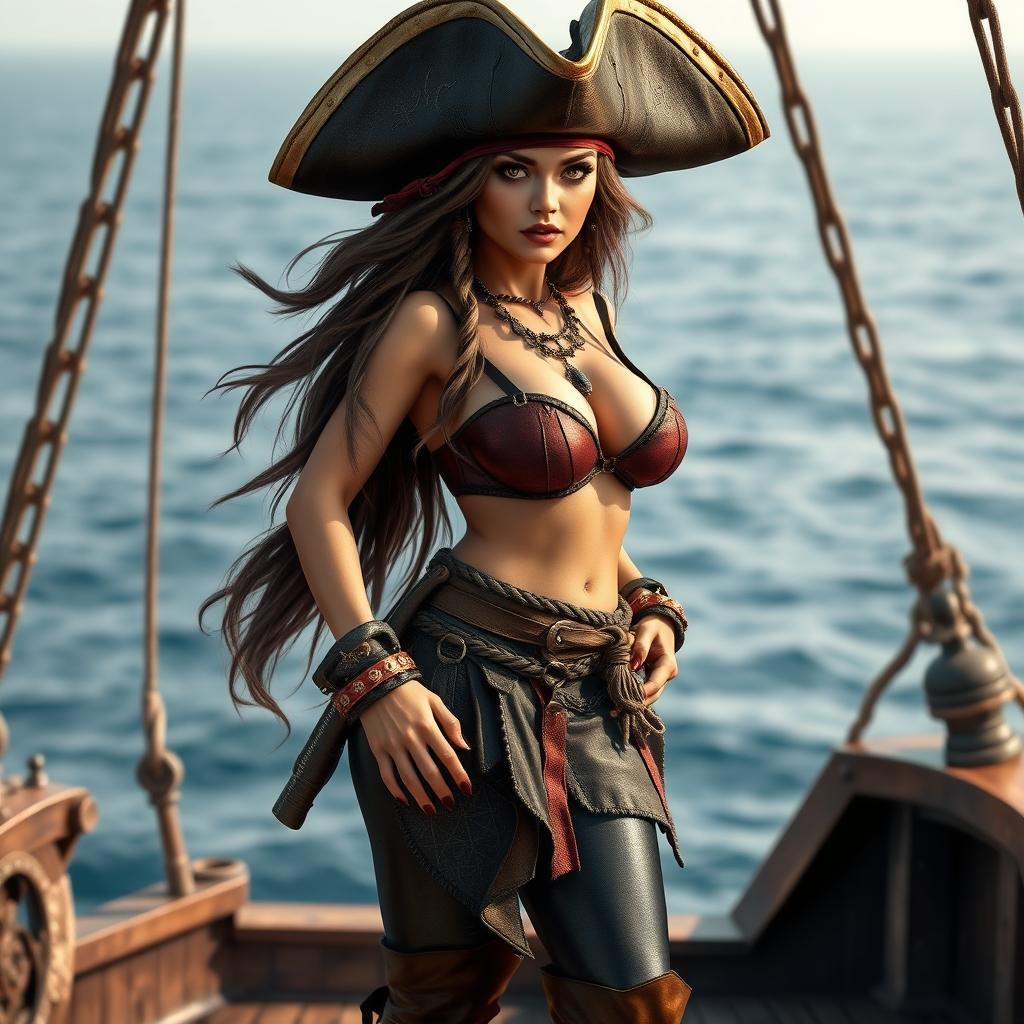 A beautiful female pirate from the Caribbean Sea, slim yet curvy, with a small waist and large hips