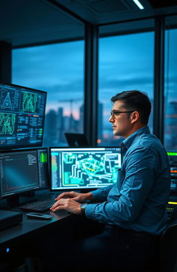 A Network Engineer working intently at a high-tech workstation, surrounded by multiple screens displaying intricate network diagrams and data visualizations