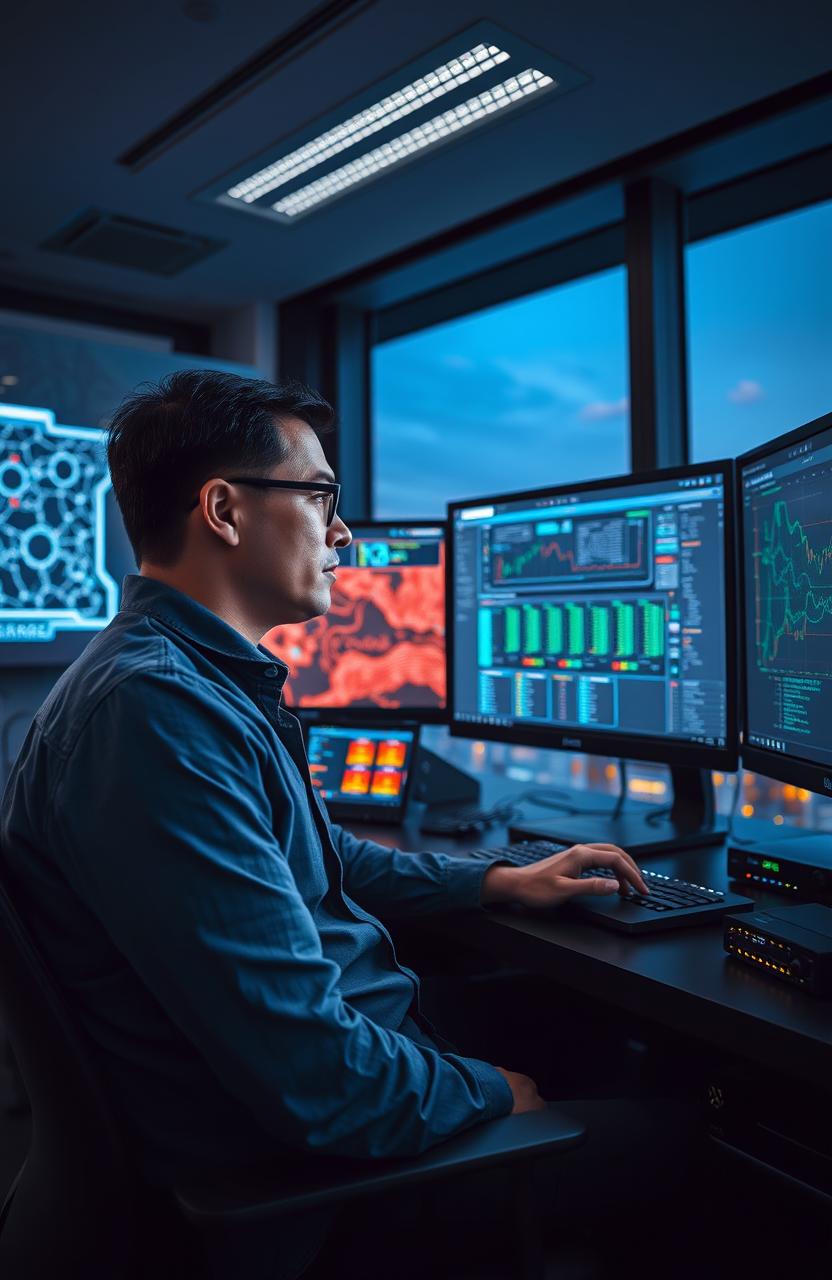 A Network Engineer working intently at a high-tech workstation, surrounded by multiple screens displaying intricate network diagrams and data visualizations