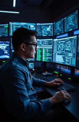 A Network Engineer working intently at a high-tech workstation, surrounded by multiple screens displaying intricate network diagrams and data visualizations