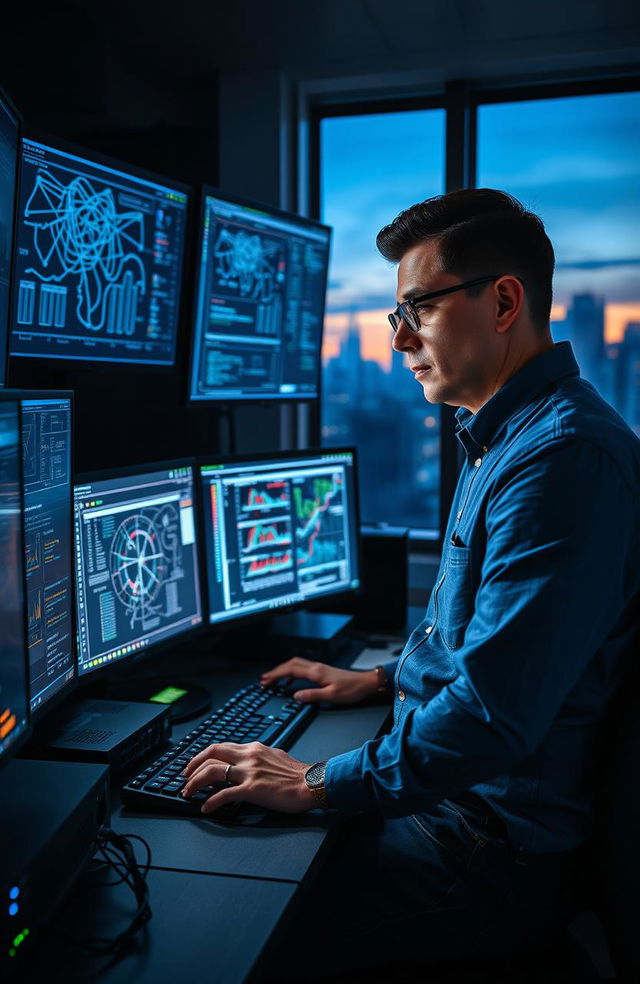 A Network Engineer working intently at a high-tech workstation, surrounded by multiple screens displaying intricate network diagrams and data visualizations