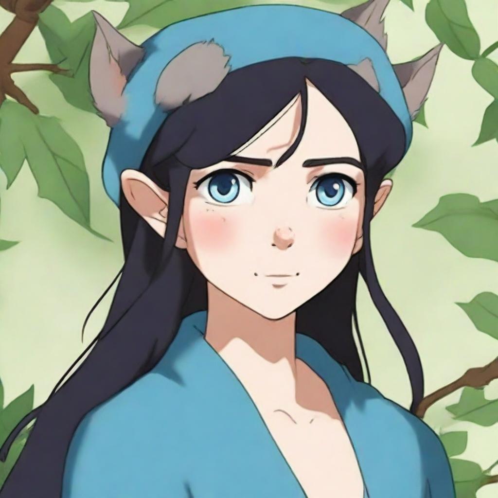 A high-quality digital art piece in the distinctive style of Studio Ghibli, featuring a mid-aged elf druid character who bears a striking resemblance to Emma Stone