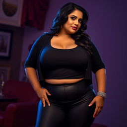 A sexy and seductive scene featuring a confident South Asian mature woman with a wide, curvy figure that emphasizes an hourglass silhouette