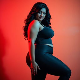 A sexy and seductive scene featuring a confident South Asian mature woman with a wide, curvy figure that emphasizes an hourglass silhouette