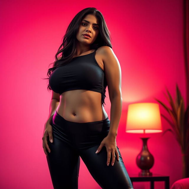 A sexy and seductive scene featuring a confident South Asian mature woman with a wide, curvy figure that emphasizes an hourglass silhouette