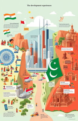 A detailed illustration comparing the development experiences of India, China, and Pakistan