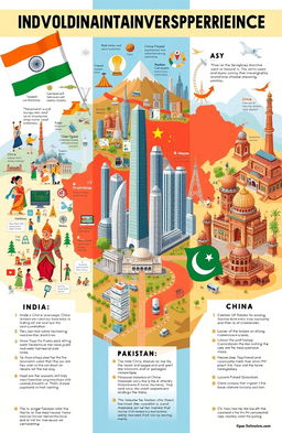 A detailed illustration comparing the development experiences of India, China, and Pakistan