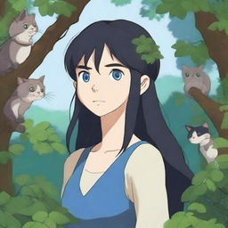 A high-quality digital art piece in the distinctive style of Studio Ghibli, featuring a mid-aged elf druid character who bears a striking resemblance to Emma Stone