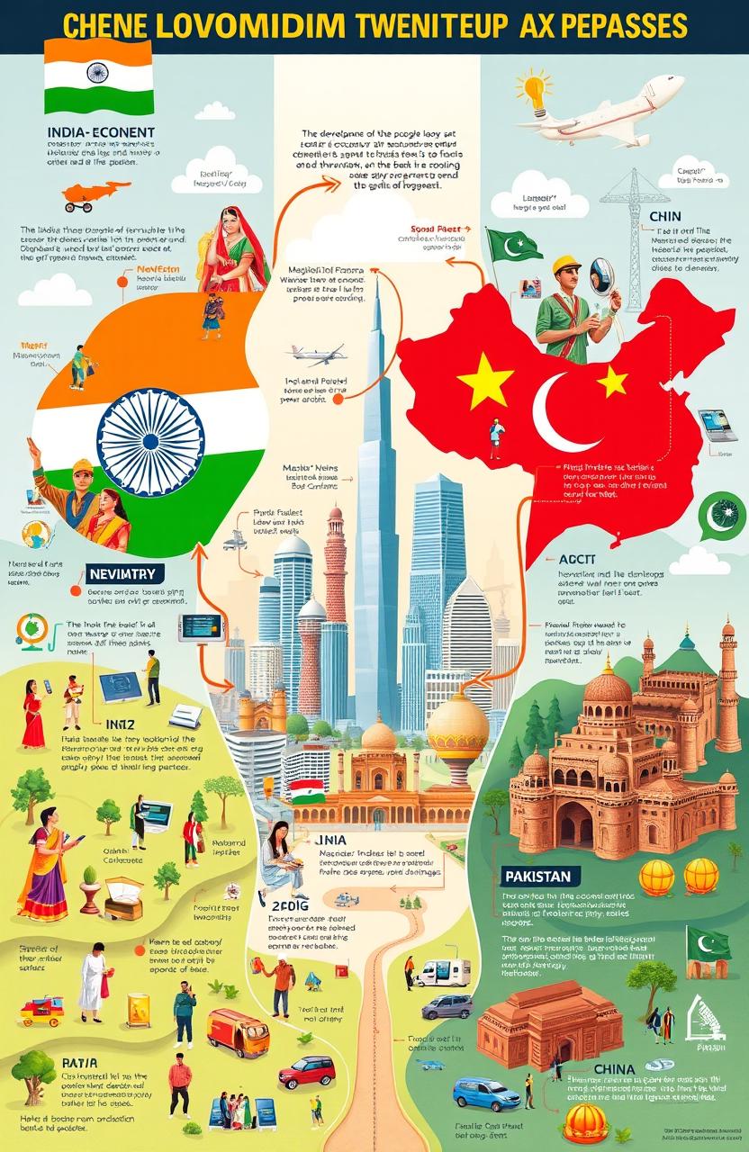 A detailed illustration comparing the development experiences of India, China, and Pakistan