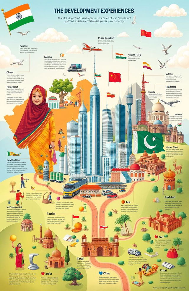 A detailed illustration comparing the development experiences of India, China, and Pakistan