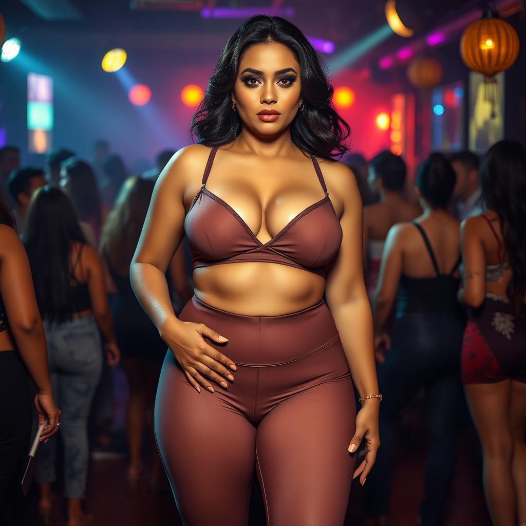 A sexy and seductive scene featuring a confident South Asian mature woman with a wide, curvy figure that emphasizes an hourglass silhouette