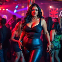 A sexy and seductive scene featuring a confident South Asian mature woman with a wide, curvy figure that emphasizes an hourglass silhouette