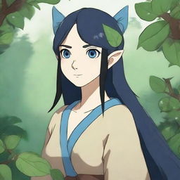 A high-quality digital art piece in the distinctive style of Studio Ghibli, featuring a mid-aged elf druid character who bears a striking resemblance to Emma Stone