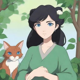 A high-quality digital art piece in the distinctive style of Studio Ghibli, featuring a mid-aged elf druid character who bears a striking resemblance to Emma Stone