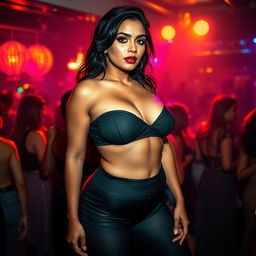 A sexy and seductive scene featuring a beautiful South Asian mature woman with fair skin, showcasing her wide, curvy figure that emphasizes an hourglass silhouette