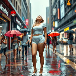 A sexy, beautiful, attractive curvy blonde girl stands on a vibrant sidewalk in a busy urban street during a heavy downpour, represented in a full-length, front view