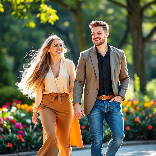 A beautiful woman with long flowing hair and a fashionable outfit, and a handsome man with a charming smile and stylish attire, happily holding hands while walking together in a sunlit park