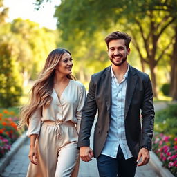 A beautiful woman with long flowing hair and a fashionable outfit, and a handsome man with a charming smile and stylish attire, happily holding hands while walking together in a sunlit park
