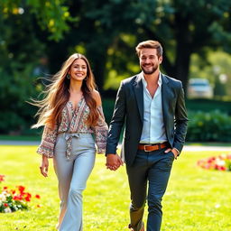 A beautiful woman with long flowing hair and a fashionable outfit, and a handsome man with a charming smile and stylish attire, happily holding hands while walking together in a sunlit park