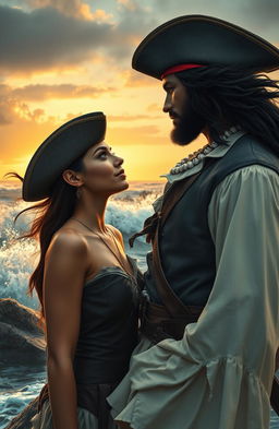 A captivating black woman with flowing dark hair and shimmering scales as a siren, seductively perched on a rock by the sea
