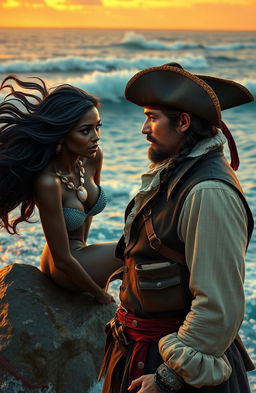 A captivating black woman with flowing dark hair and shimmering scales as a siren, seductively perched on a rock by the sea