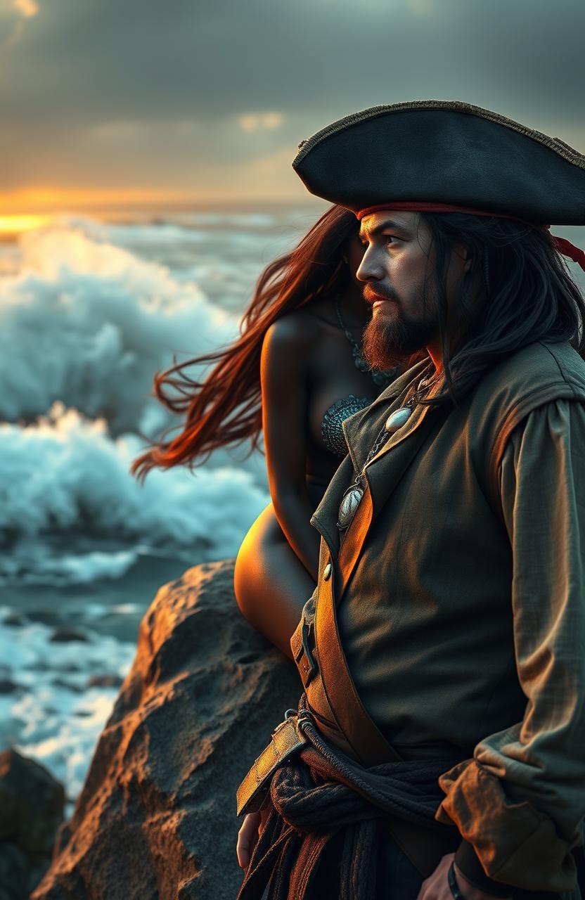 A captivating black woman with flowing dark hair and shimmering scales as a siren, seductively perched on a rock by the sea