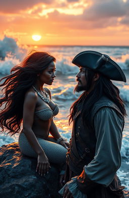 A captivating black woman with flowing dark hair and shimmering scales as a siren, seductively perched on a rock by the sea