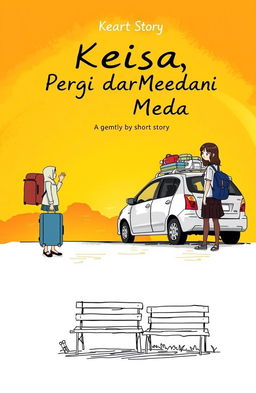 A heartfelt cover illustration for a short story titled 'Keisa, Pergi dari Medan', featuring two teenage girls