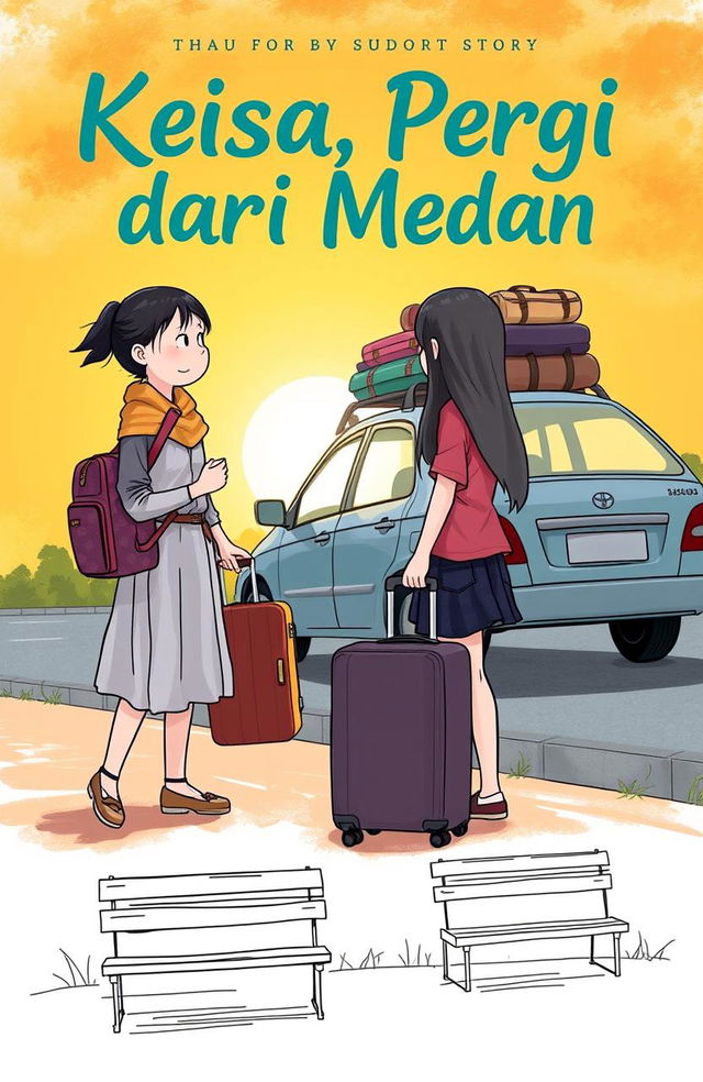 A heartfelt cover illustration for a short story titled 'Keisa, Pergi dari Medan', featuring two teenage girls