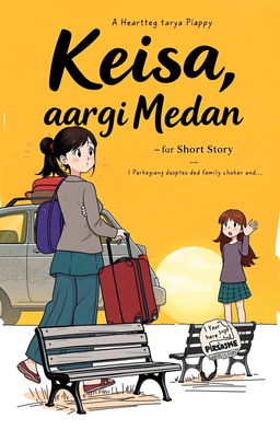 A heartfelt cover illustration for a short story titled 'Keisa, Pergi dari Medan', featuring two teenage girls
