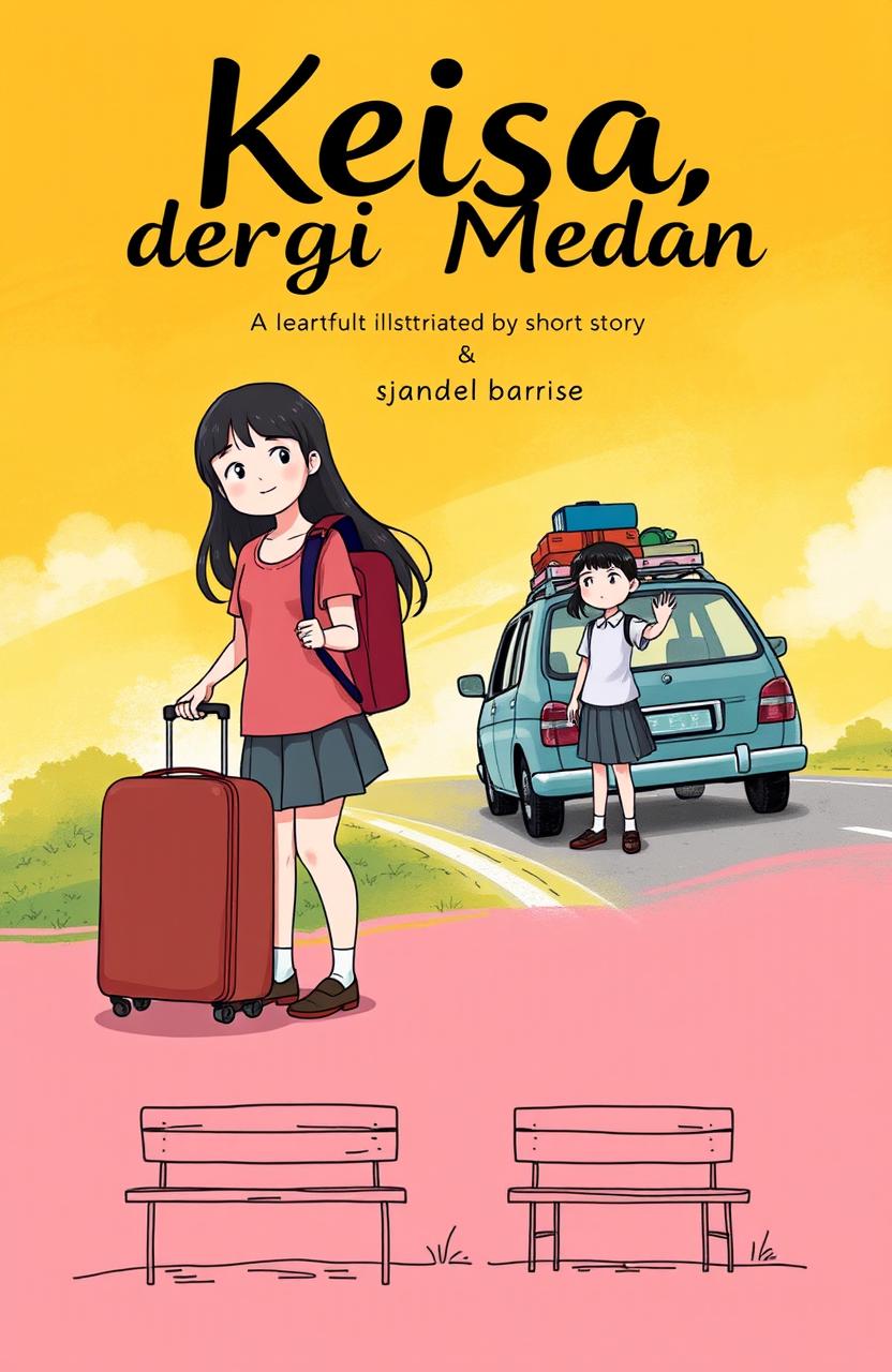 A heartfelt cover illustration for a short story titled 'Keisa, Pergi dari Medan', featuring two teenage girls