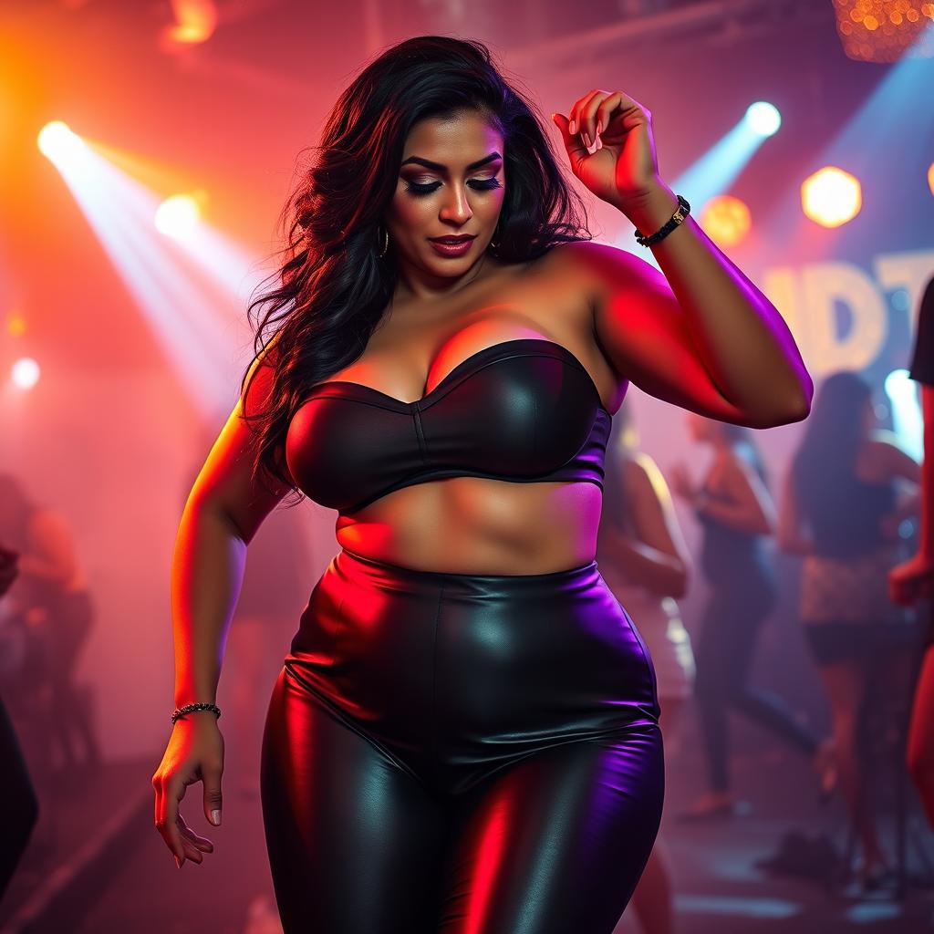 A sexy and seductive scene featuring a stunning South Asian mature woman with fair skin, showcasing her wide, curvy figure emphasizing an hourglass shape