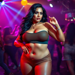 A sexy and seductive scene featuring a stunning South Asian mature woman with fair skin, showcasing her wide, curvy figure emphasizing an hourglass shape