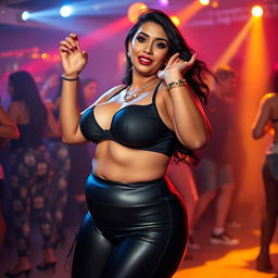 A sexy and seductive scene featuring a stunning South Asian mature woman with fair skin, showcasing her wide, curvy figure emphasizing an hourglass shape