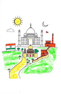A hand-drawn illustration representing the development experiences of India, China, and Pakistan, symbolizing their respective religions: India with Hindu motifs, Pakistan with Islamic symbols, and China with elements from Buddhism and Confucianism