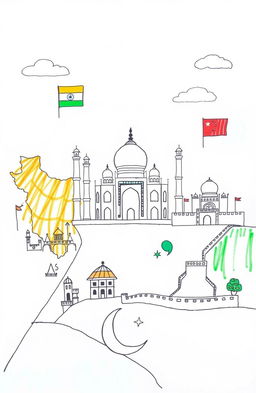 A hand-drawn illustration representing the development experiences of India, China, and Pakistan, symbolizing their respective religions: India with Hindu motifs, Pakistan with Islamic symbols, and China with elements from Buddhism and Confucianism