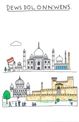 A hand-drawn illustration representing the development experiences of India, China, and Pakistan, symbolizing their respective religions: India with Hindu motifs, Pakistan with Islamic symbols, and China with elements from Buddhism and Confucianism