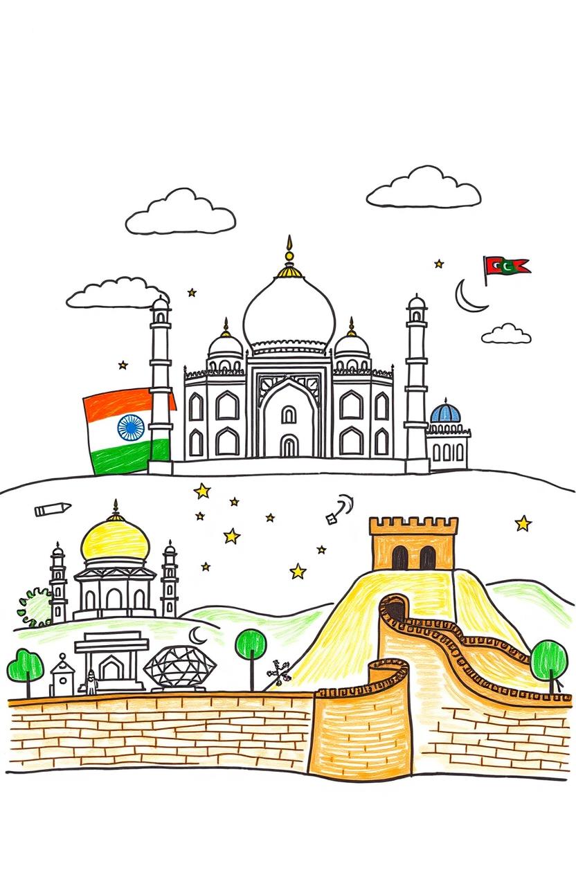 A hand-drawn illustration representing the development experiences of India, China, and Pakistan, symbolizing their respective religions: India with Hindu motifs, Pakistan with Islamic symbols, and China with elements from Buddhism and Confucianism