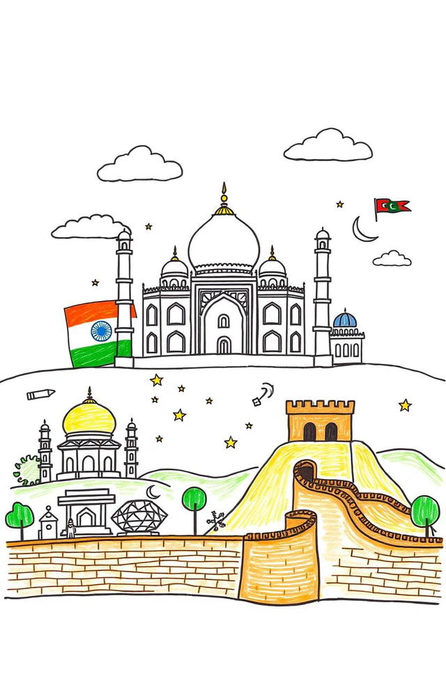 A hand-drawn illustration representing the development experiences of India, China, and Pakistan, symbolizing their respective religions: India with Hindu motifs, Pakistan with Islamic symbols, and China with elements from Buddhism and Confucianism