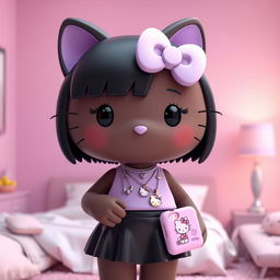 A stylized 3D depiction of Hello Kitty in a pastel purple-themed bedroom, featuring a cute and modern design