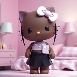 A stylized 3D depiction of Hello Kitty in a pastel purple-themed bedroom, featuring a cute and modern design