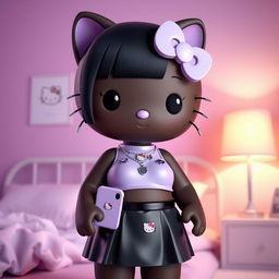 A stylized 3D depiction of Hello Kitty in a pastel purple-themed bedroom, featuring a cute and modern design