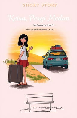 A poignant cover illustration for a short story titled "Keisa, Pergi dari Medan" by Ernanda Syafitri, featuring two teenage girls