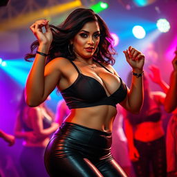 A sexy and seductive scene featuring a stunning South Asian mature woman with fair skin, showcasing her wide, curvy figure that emphasizes an hourglass silhouette