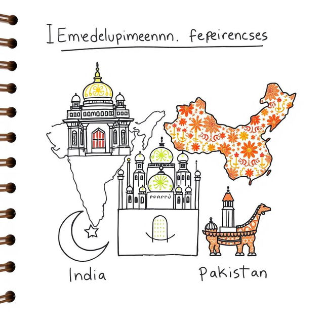 A hand-drawn illustration that depicts the development experiences of India, China, and Pakistan, incorporating their religious symbols