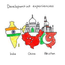 A hand-drawn illustration that depicts the development experiences of India, China, and Pakistan, incorporating their religious symbols