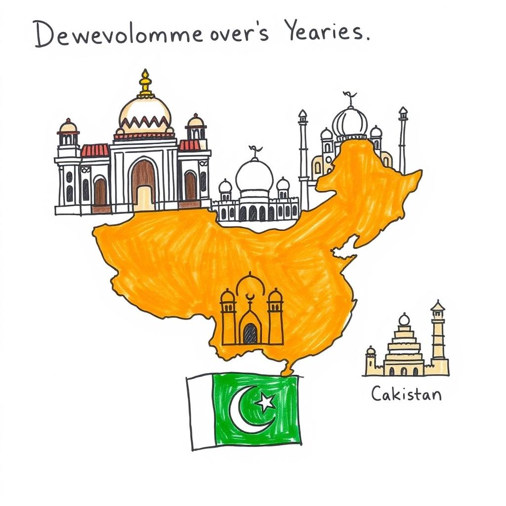 A hand-drawn illustration that depicts the development experiences of India, China, and Pakistan, incorporating their religious symbols